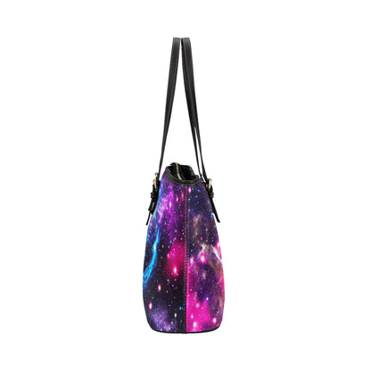 Galaxy Night Purple Space Print Leather Tote Bag