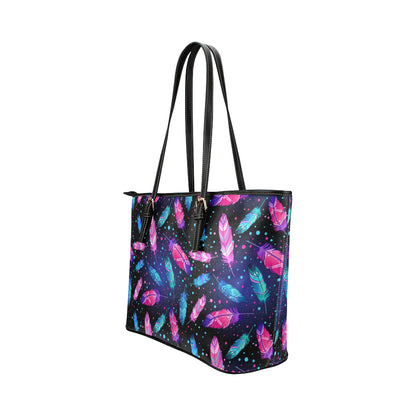 Feather Colorful Boho Design Print Leather Tote Bag