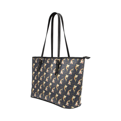 Koi Carp Japanese Design Themed Print Leather Tote Bag