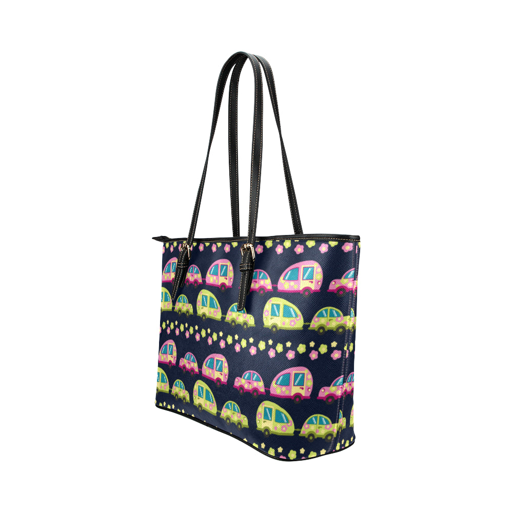 Camper Cute Camping Design No 3 Print Leather Tote Bag