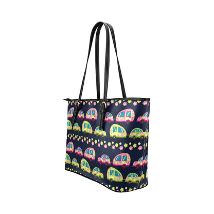 Camper Cute Camping Design No 3 Print Leather Tote Bag