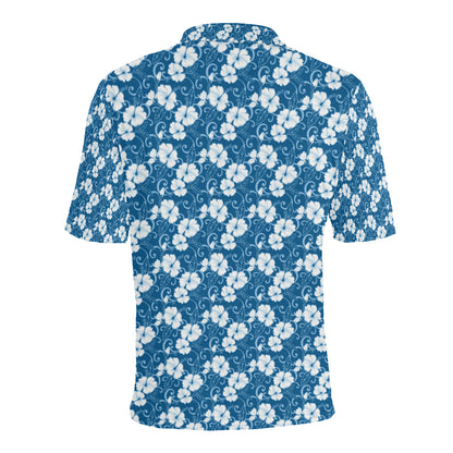Hibiscus Blue Flower Hawaiian Print Men Polo Shirt