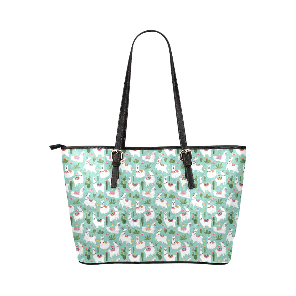 Llama with Cactus Themed Print Leather Tote Bag