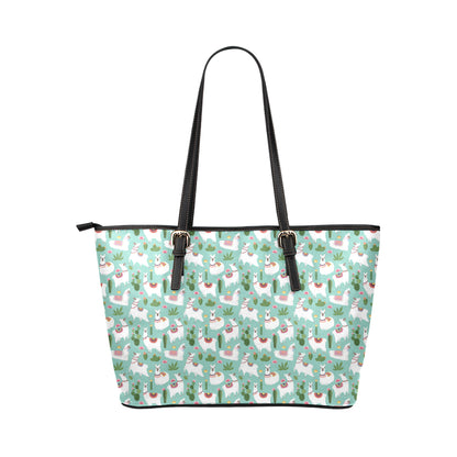 Llama with Cactus Themed Print Leather Tote Bag