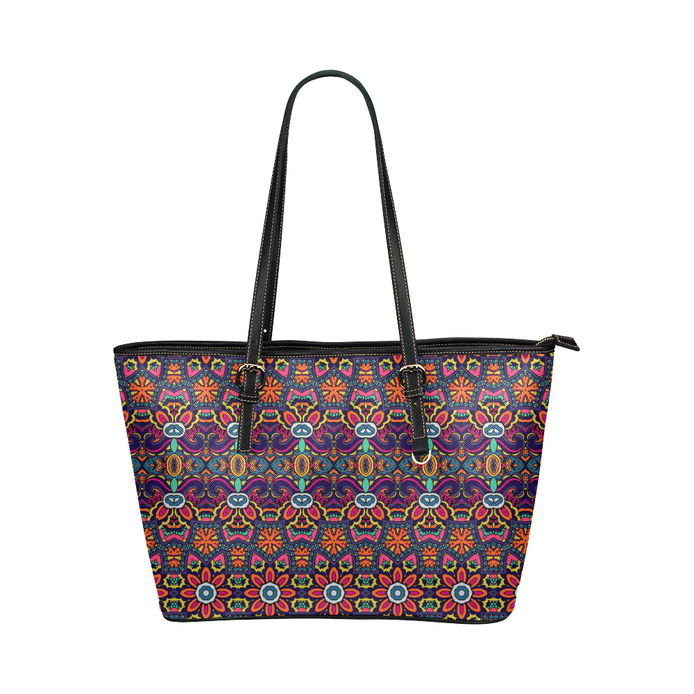 Ethnic Flower Style Print Pattern Leather Tote Bag