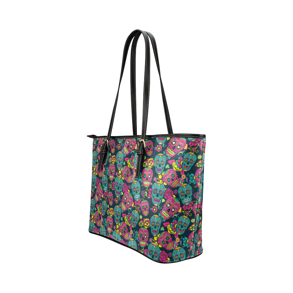Sugar Skull Floral Design Themed Print Leather Tote Bag