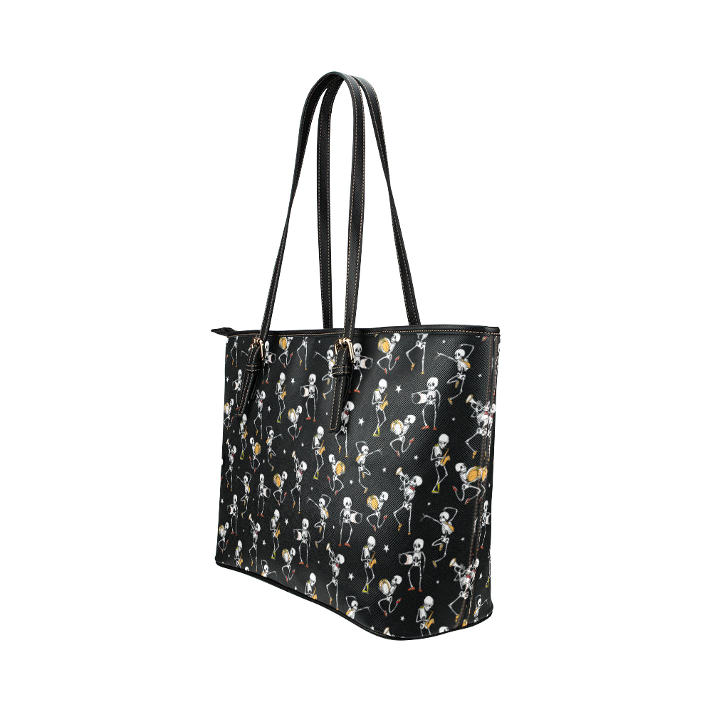 Skeleton Dance Print Leather Tote Bag