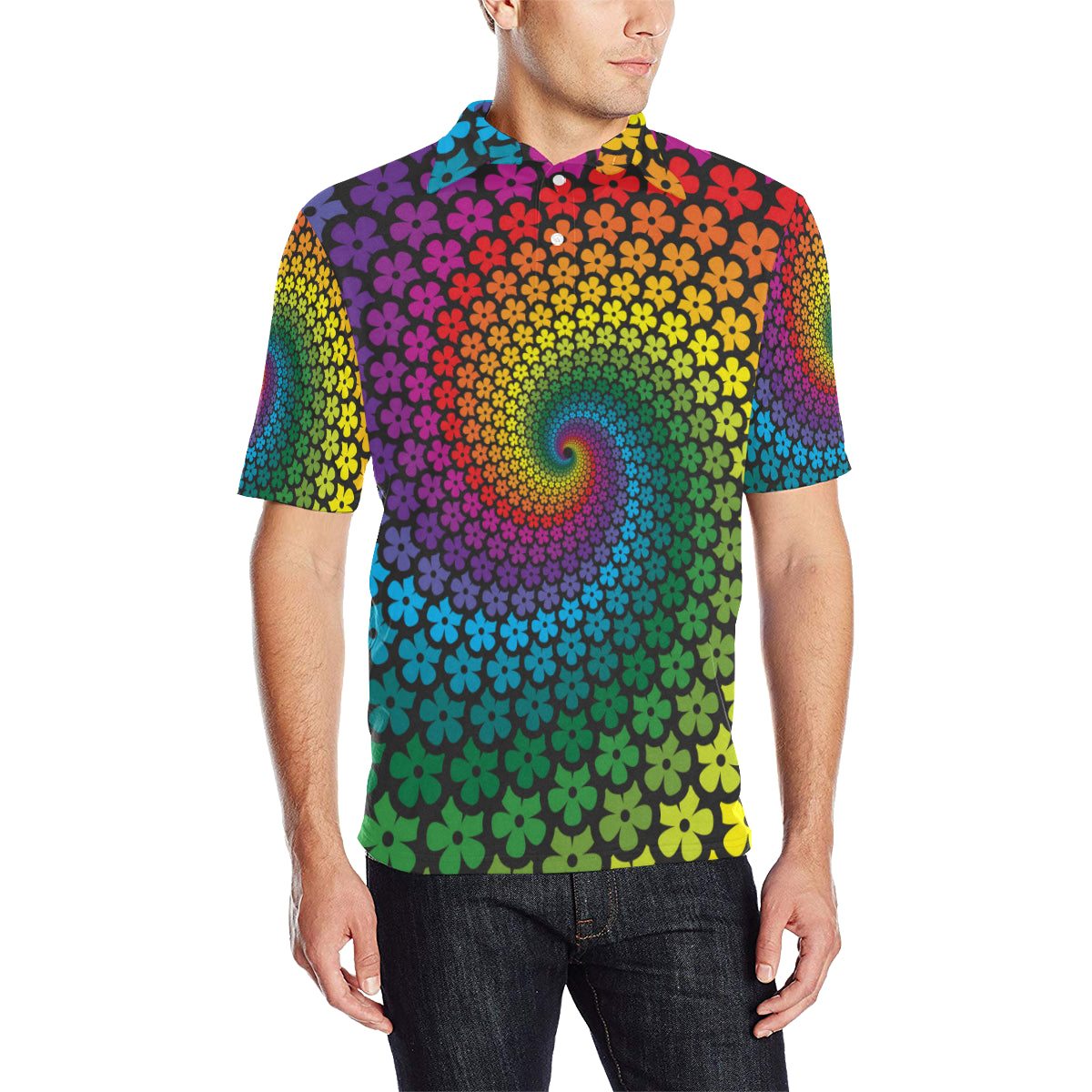 Flower Power Rainbow Spiral Print Men Polo Shirt