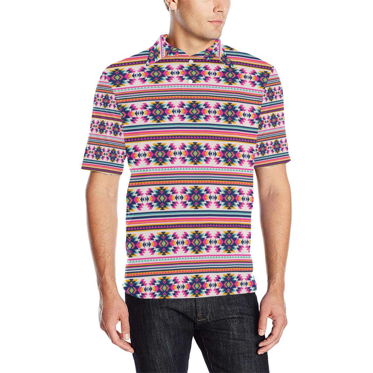 Indian Navajo Neon Themed Design Print Men Polo Shirt