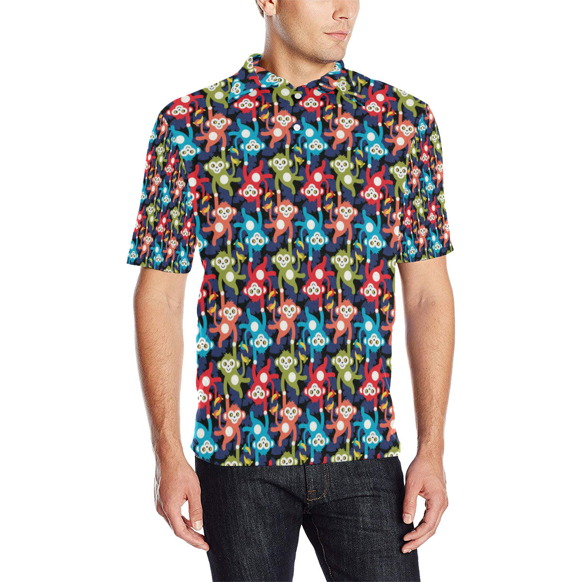 Monkey Colorful Design Themed Print Men Polo Shirt