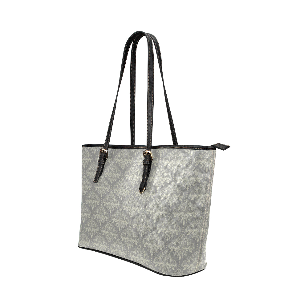 Damask Grey Elegant Print Pattern Leather Tote Bag