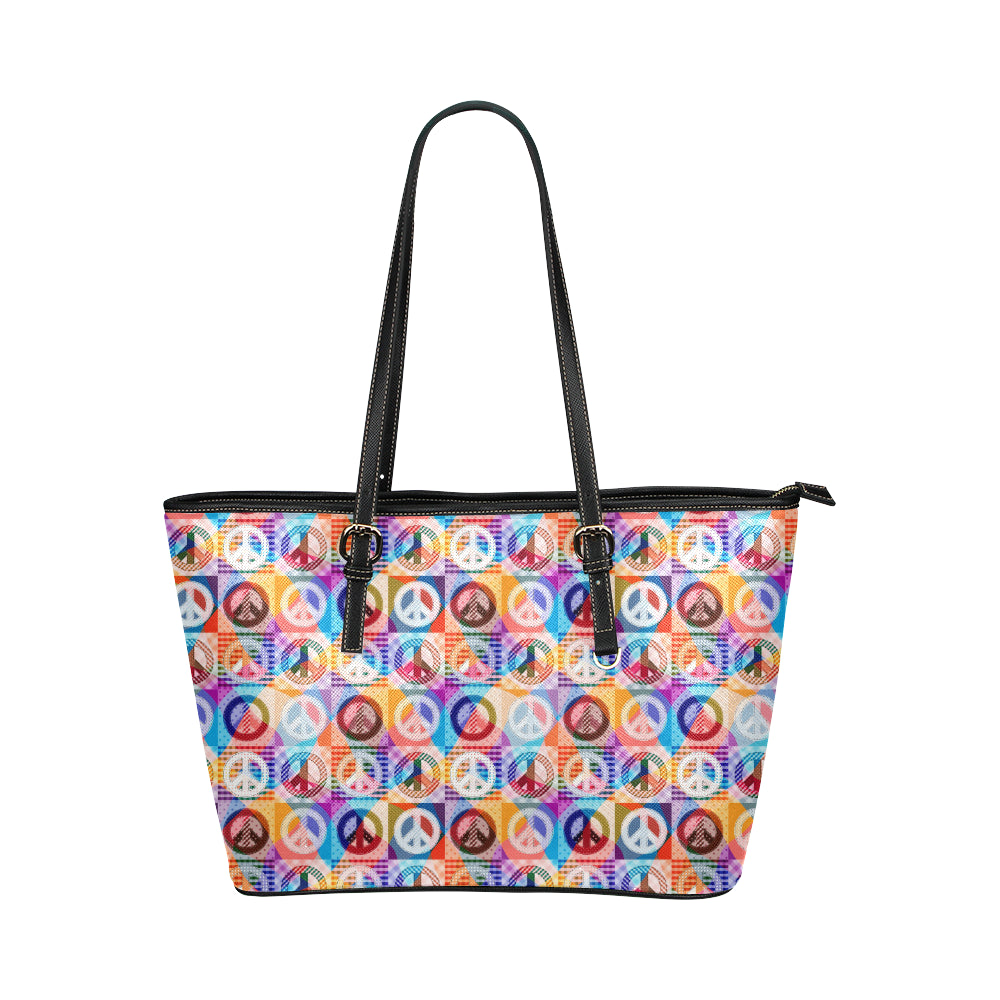 Peace Sign Patchwork Design Print Leather Tote Bag