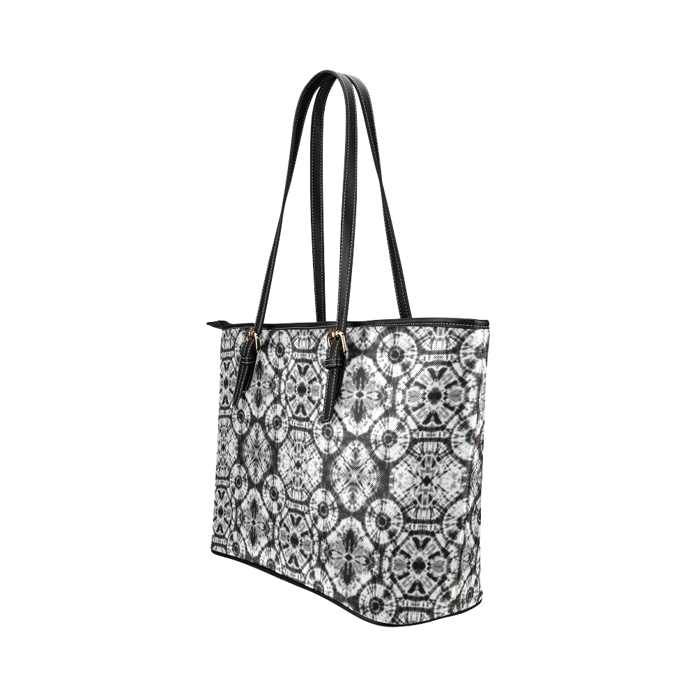 Tie Dye Black White Design Print Leather Tote Bag