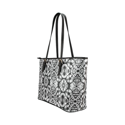 Tie Dye Black White Design Print Leather Tote Bag