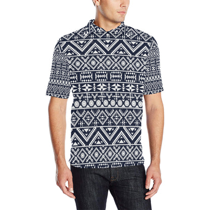 Blue White Tribal Aztec Men Polo Shirt