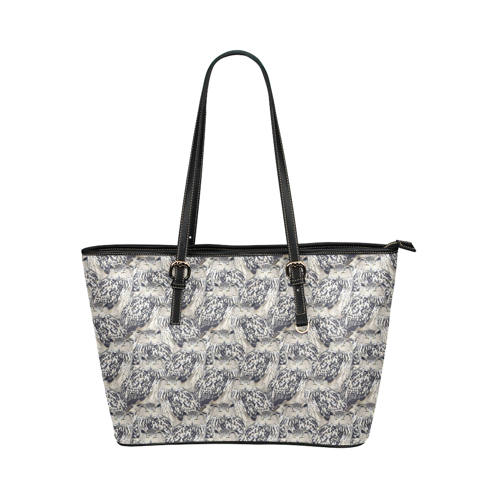 Owl Realistic Themed Design Print Leather Tote Bag