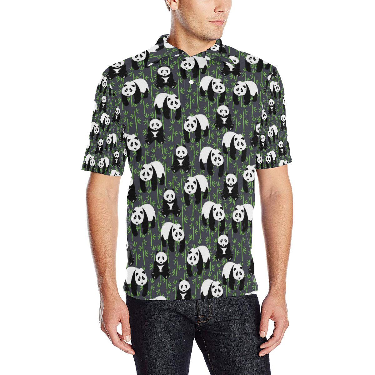 Panda Bear Bamboo Themed Print Men Polo Shirt