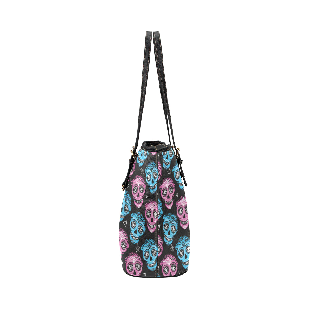 Day of the Dead Skull Print Pattern Leather Tote Bag