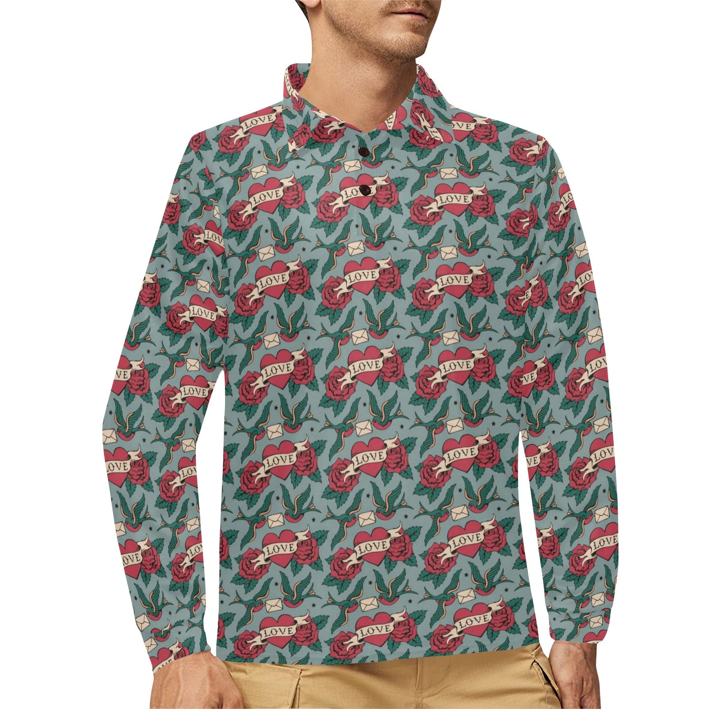 Tattoo Heart Print Design LKS301 Long Sleeve Polo Shirt For Men's