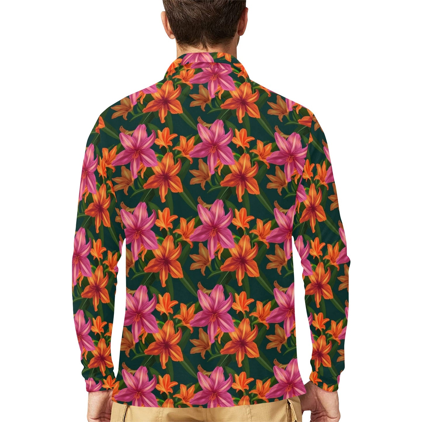 Amaryllis Pattern Print Design AL01 Long Sleeve Polo Shirt For Men's