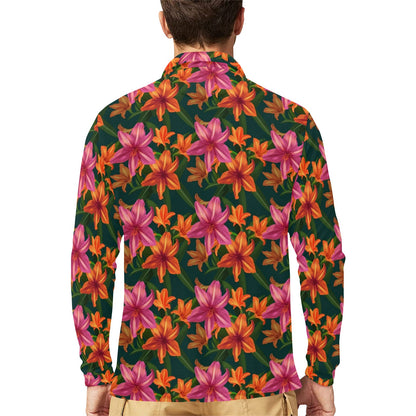 Amaryllis Pattern Print Design AL01 Long Sleeve Polo Shirt For Men's
