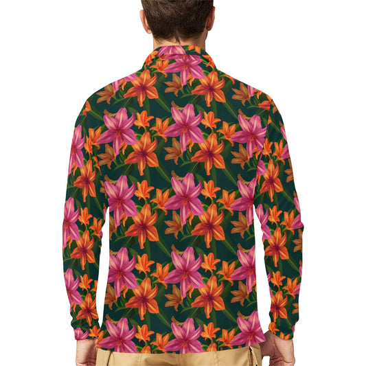 Amaryllis Pattern Print Design AL01 Long Sleeve Polo Shirt For Men's