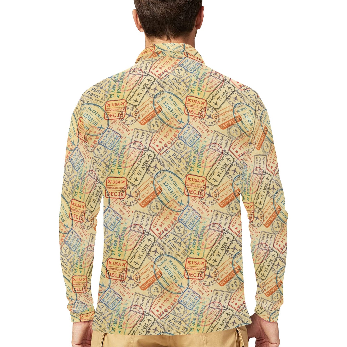 Travel Stamp Print Design LKS302 Long Sleeve Polo Shirt For Men's