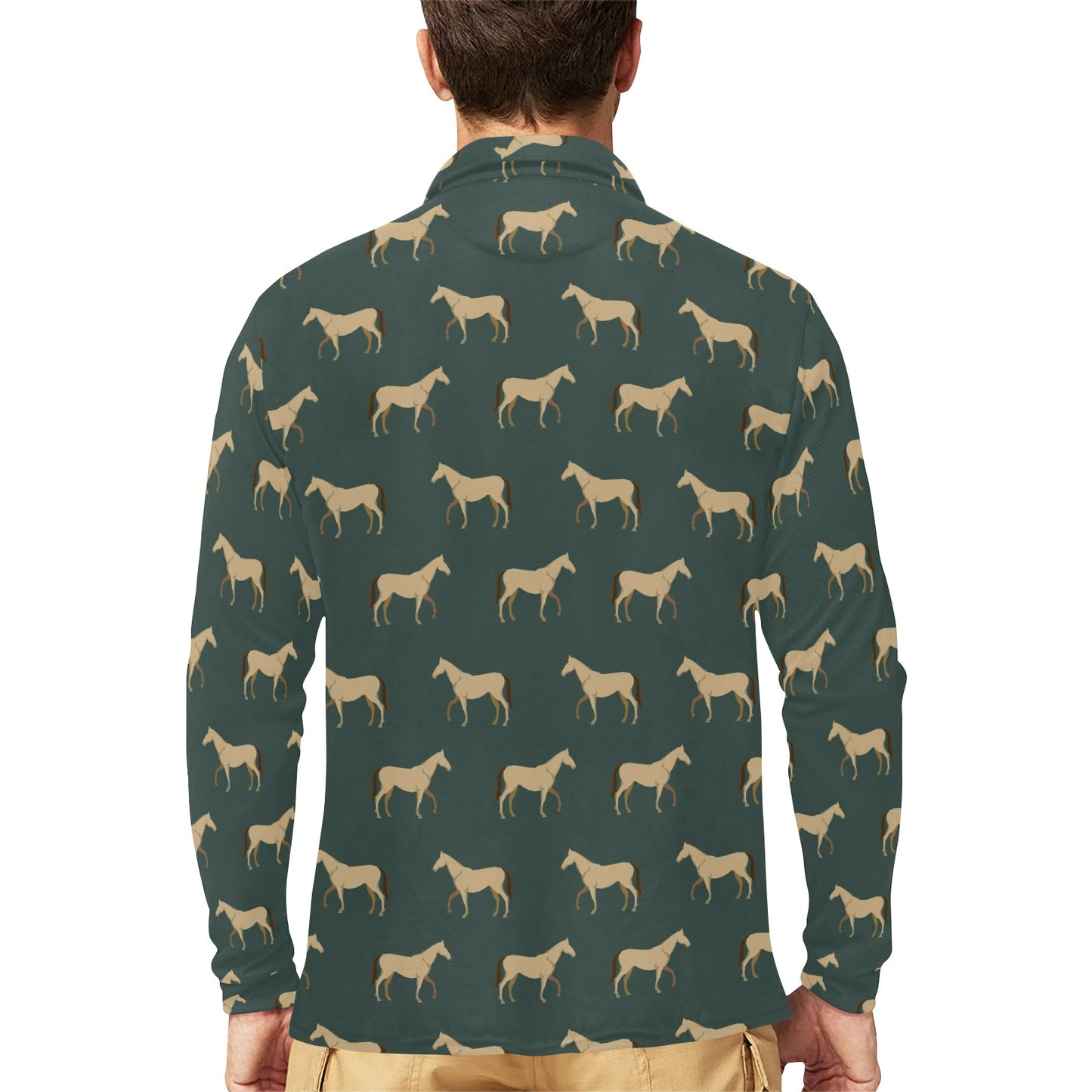Horse Classic Themed Pattern Print Long Sleeve Polo Shirt For Men's
