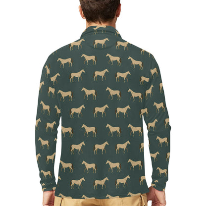 Horse Classic Themed Pattern Print Long Sleeve Polo Shirt For Men's