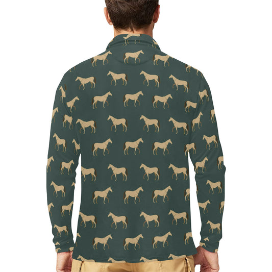 Horse Classic Themed Pattern Print Long Sleeve Polo Shirt For Men's