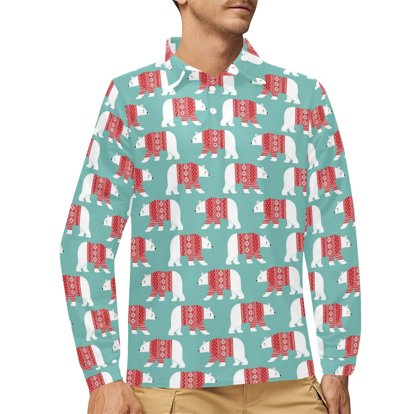 Polar Bear Pattern Print Design A04 Long Sleeve Polo Shirt For Men's