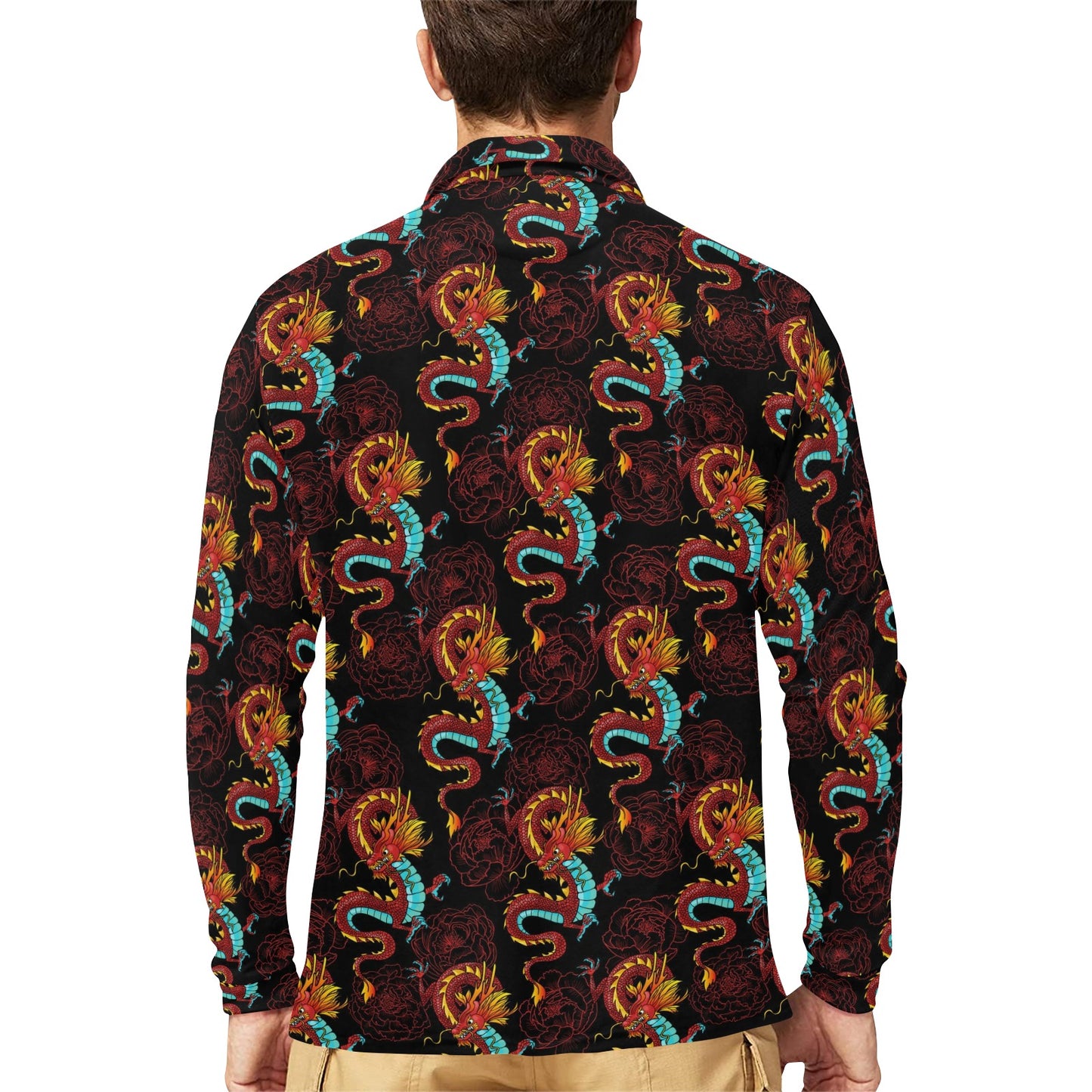 Chinese Dragons and Peonies Design Long Sleeve Polo Shirt For Men's