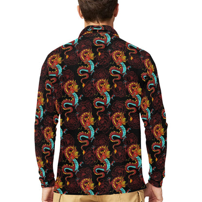 Chinese Dragons and Peonies Design Long Sleeve Polo Shirt For Men's