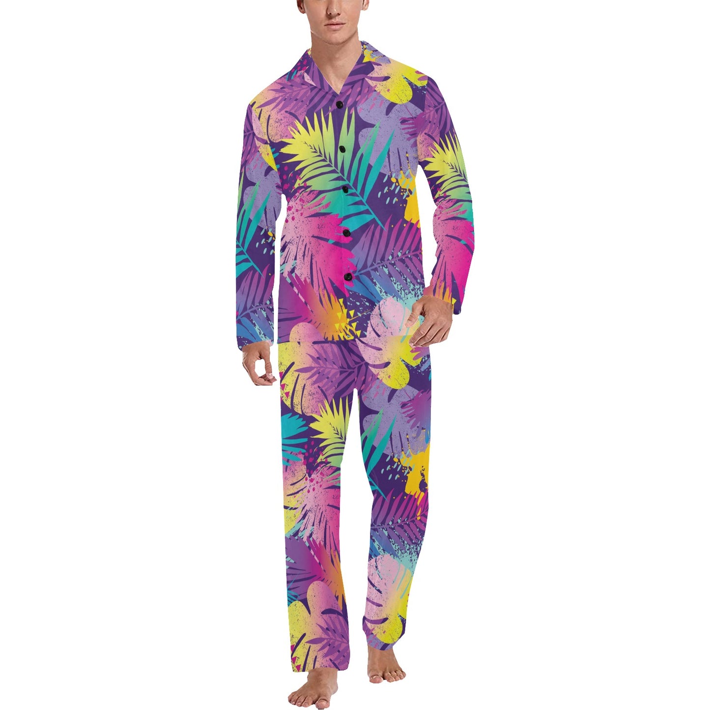 Palm Leaf Pattern Print Design A04 Men's Long Pajama Set