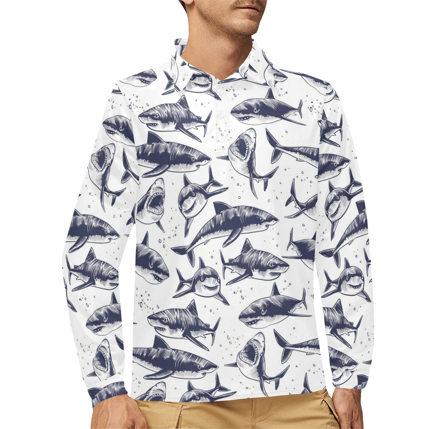 Great White Shark Pattern Print Design 02 Long Sleeve Polo Shirt For Men's