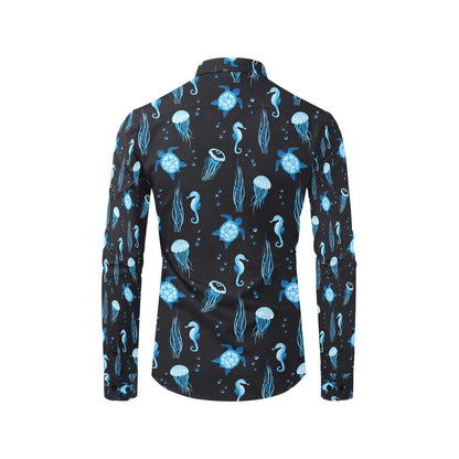Sea Turtle Jelly Fish Sea Horse Print Design LKS3014 Men's Long Sleeve Dress Shirt