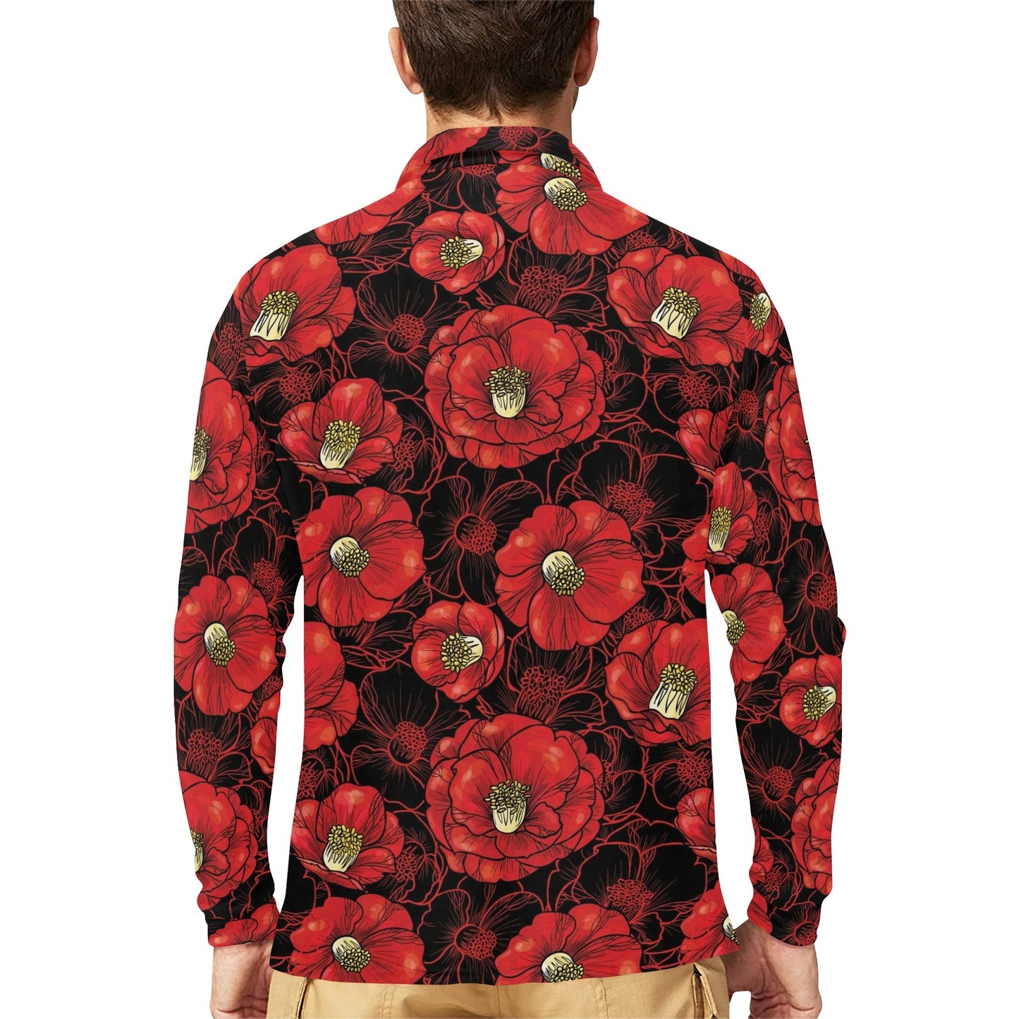 Camellia Pattern Print Design CM06 Long Sleeve Polo Shirt For Men's