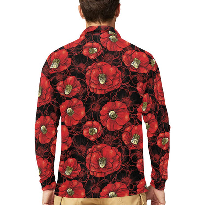Camellia Pattern Print Design CM06 Long Sleeve Polo Shirt For Men's