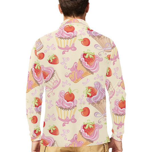 Strawberry Pink CupCake Long Sleeve Polo Shirt For Men's