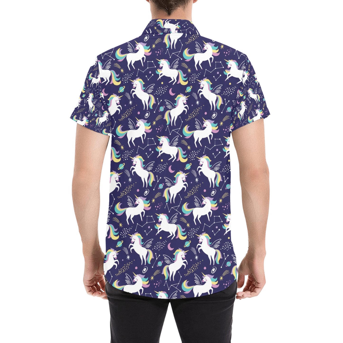 Unicorn Print Design LKS305 Men Short Sleeve Button Up Shirt