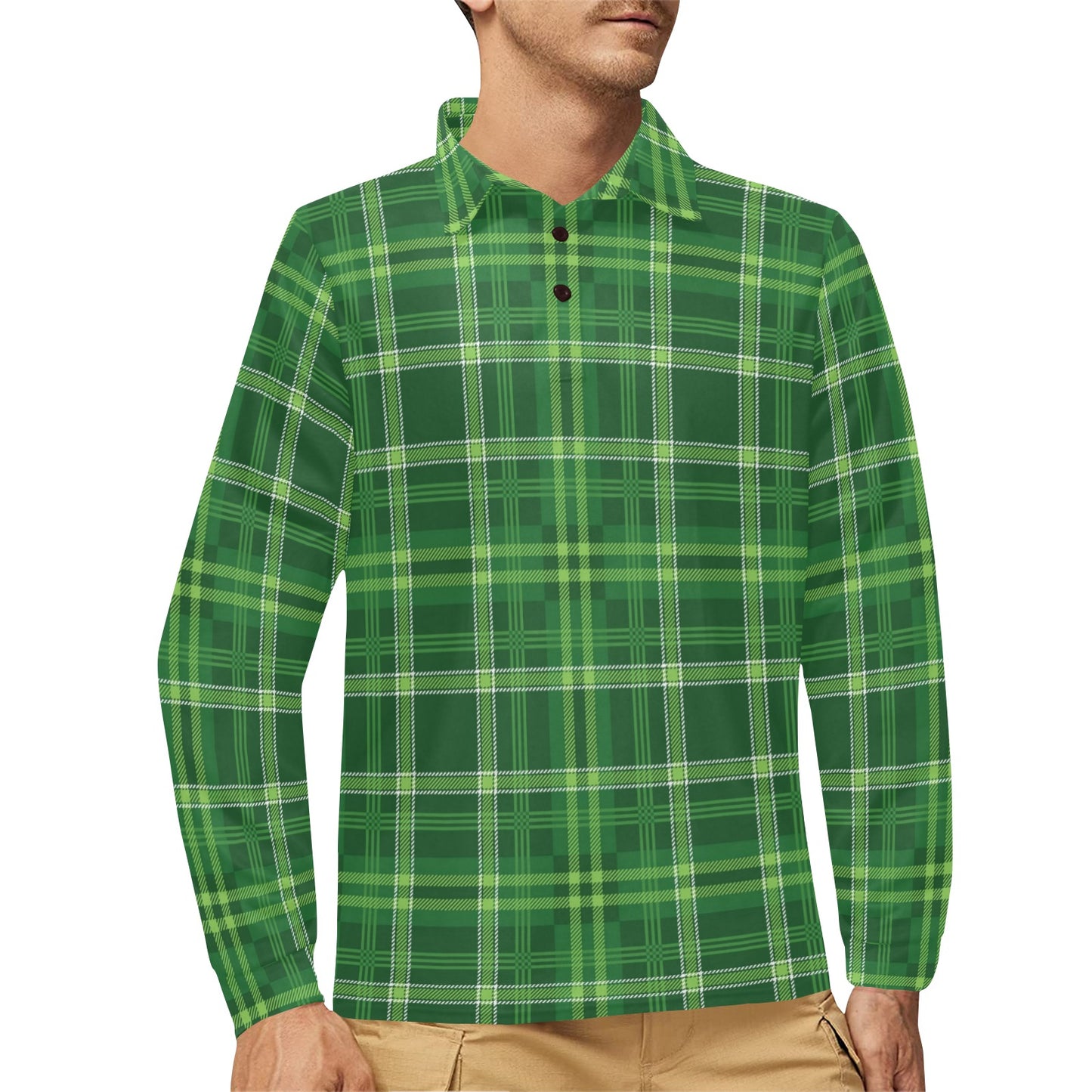 Irish Plaid Pattern Print Design 02 Long Sleeve Polo Shirt For Men's