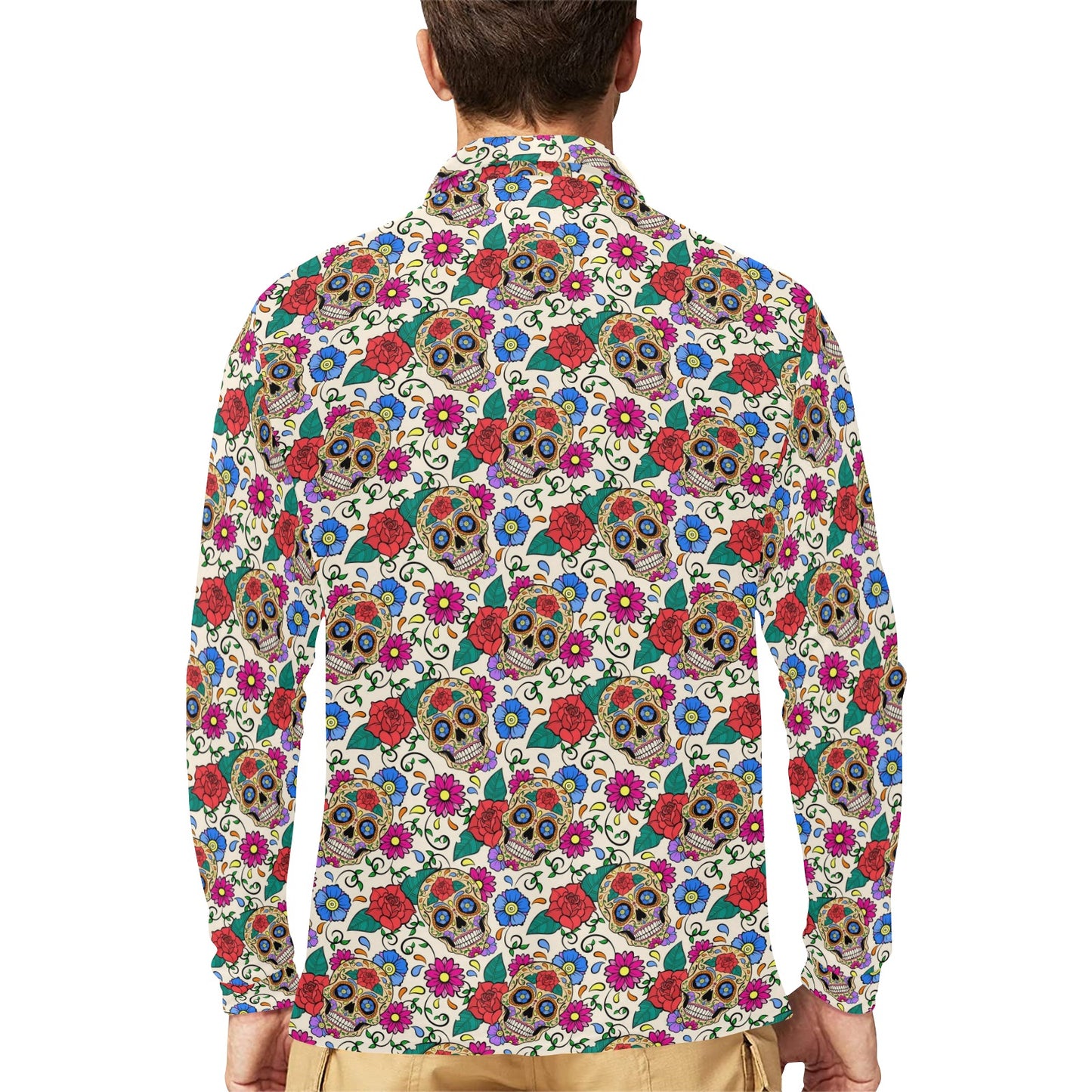 Sugar Skull Colorful Themed Print Long Sleeve Polo Shirt For Men's