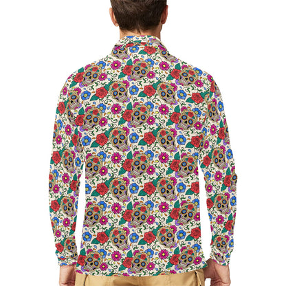 Sugar Skull Colorful Themed Print Long Sleeve Polo Shirt For Men's