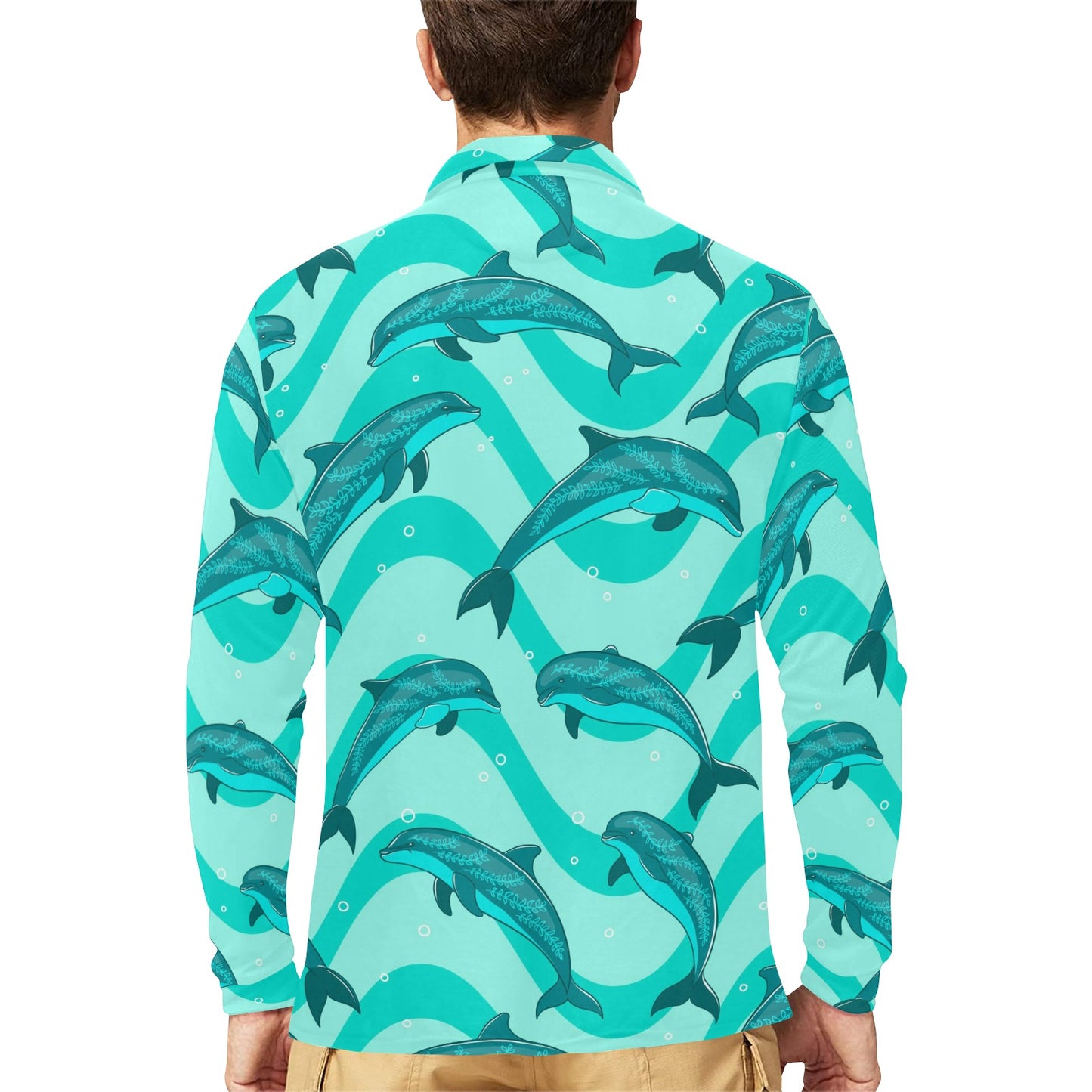 Dolphin Wave Print Long Sleeve Polo Shirt For Men's
