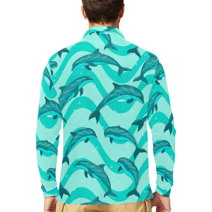 Dolphin Wave Print Long Sleeve Polo Shirt For Men's