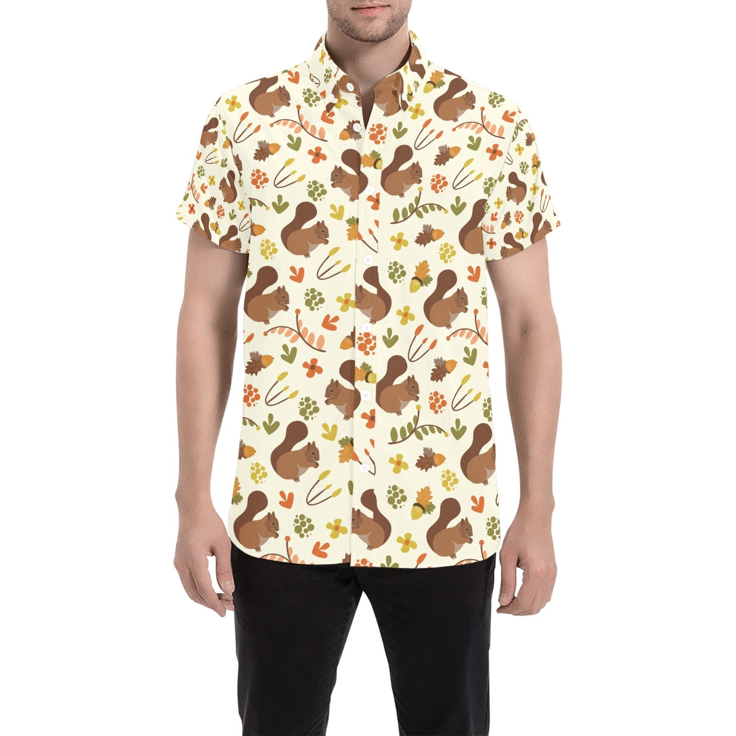 Squirrel Print Design LKS3010 Men Short Sleeve Button Up Shirt