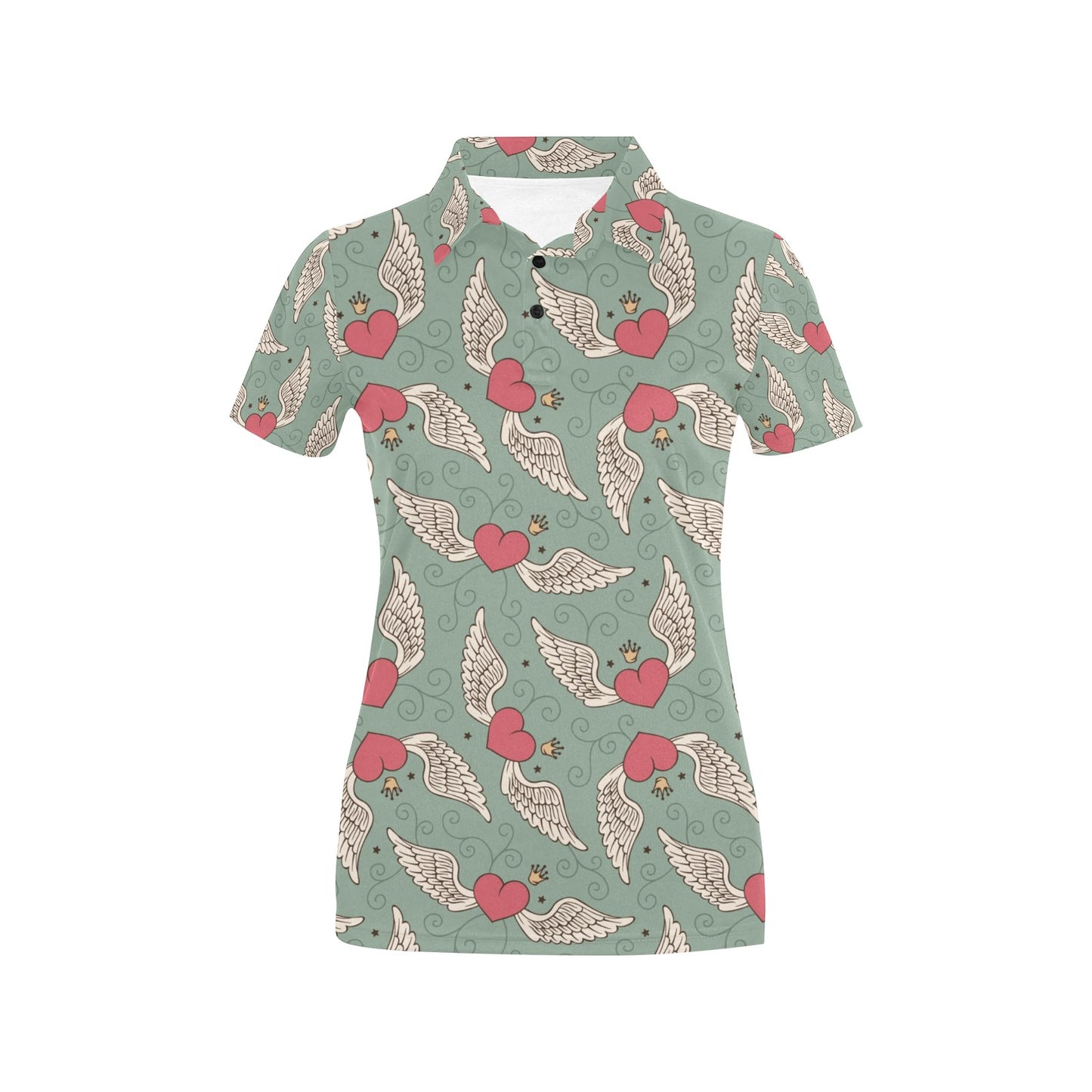 Angel Wings Heart Design Themed Print Women's Polo Shirt