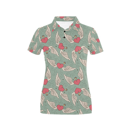 Angel Wings Heart Design Themed Print Women's Polo Shirt