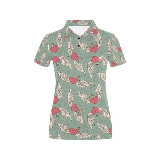 Angel Wings Heart Design Themed Print Women's Polo Shirt