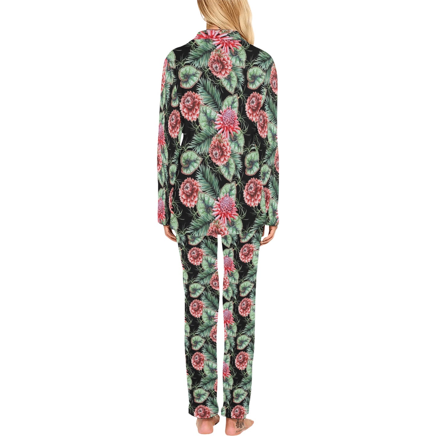 Dahlia Pattern Print Design DH06 Women's Long Pajama Set